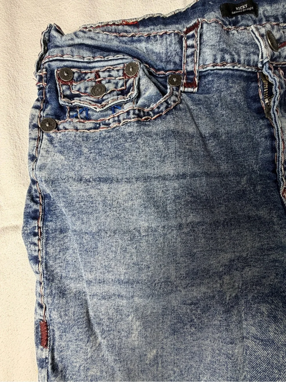 True Religion Men's Acid Wash Blue Ricky Relaxed Straight Jeans